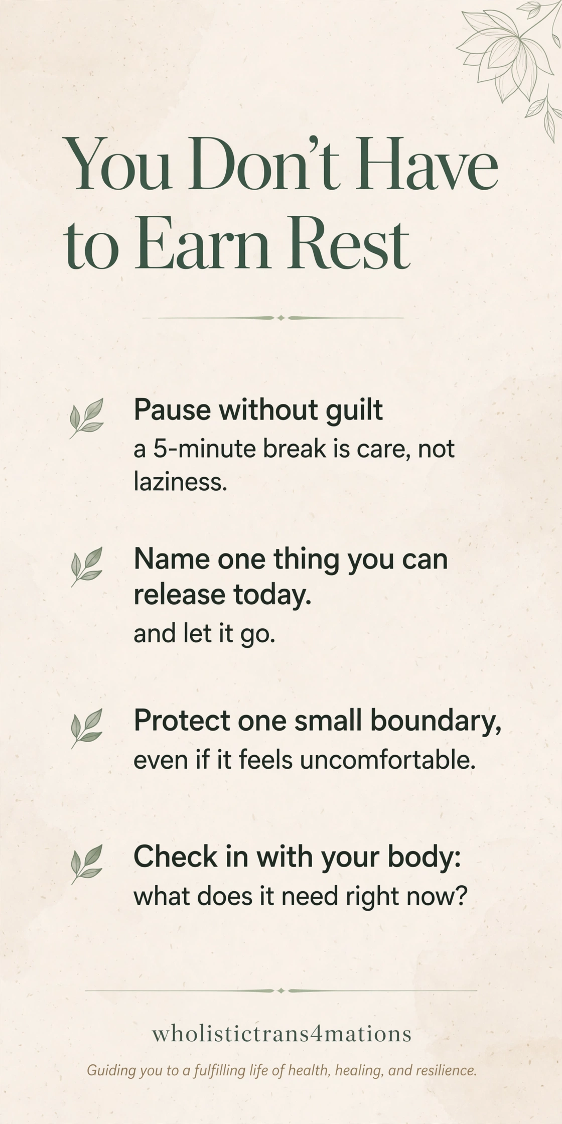 You Don't Have to Earn Rest infographic with four recovery reminders: pause without guilt, name one thing you can release today, protect one small boundary, and check in with what your body needs right now.