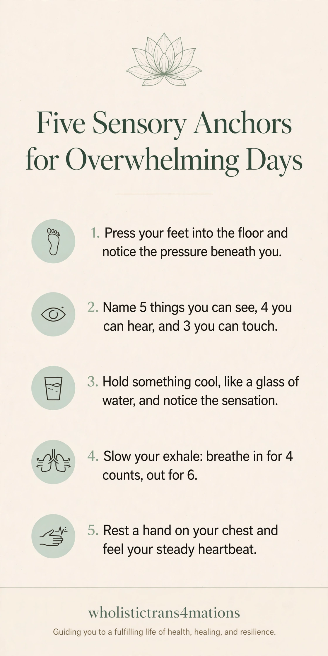 Five Sensory Anchors for Overwhelming Days infographic with five grounding practices: press your feet into the floor, the 5-4-3 senses check, hold something cool, slow your exhale, and rest a hand on your chest.