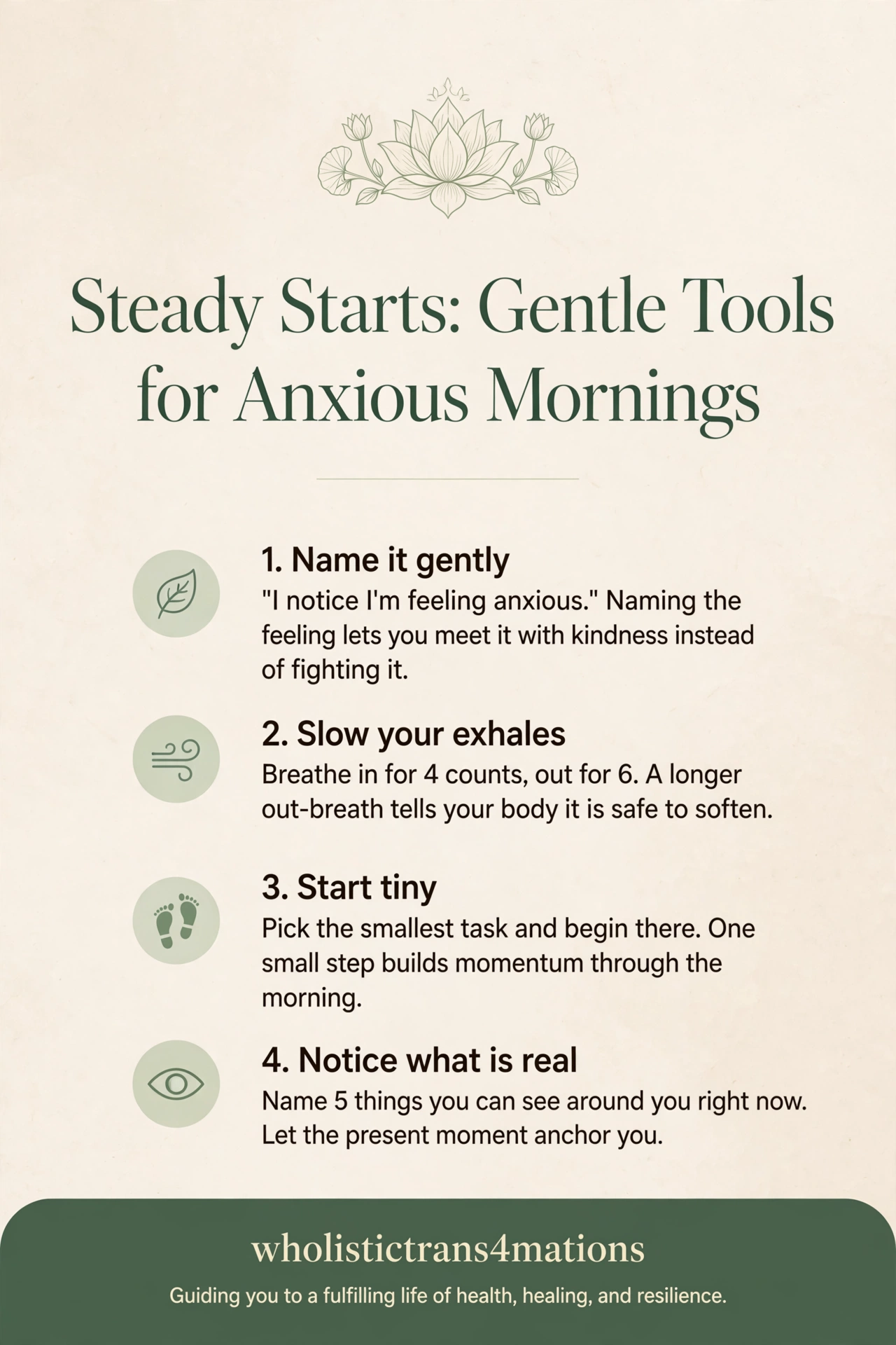 Steady Starts: Gentle Tools for Anxious Mornings infographic: name the feeling with kindness, breathe in for 4 and out for 6, begin with one tiny task, and anchor in 5 things you can see right now.